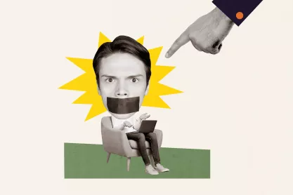 Composite creative photo collage of finger directing at speechless man sit with laptop got ban in social media 