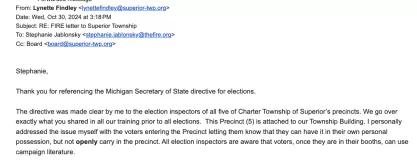 Email from Superior Charter Township Clerk Lynette Findley