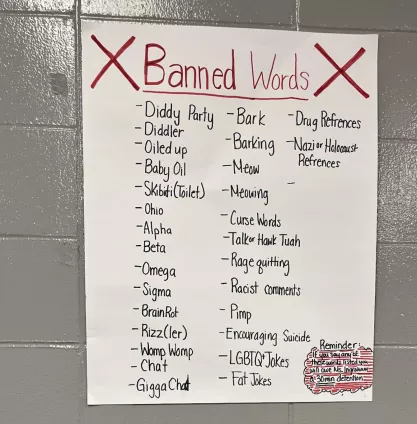 An Iowa social studies teacher is banning students from saying a list of words in her classroom.