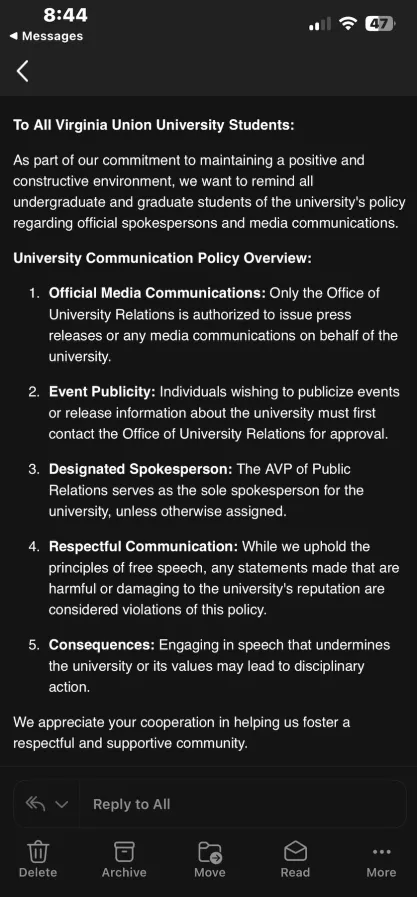 Virginia Union University email to students about statements 'damaging to the university's reputation' Oct 31, 2024