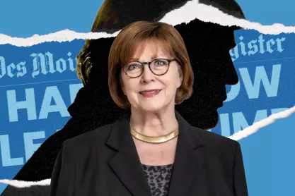 Iowa pollster Ann Selzer with a Des Moines Register headline and Donald Trump silhouette in the background