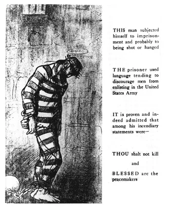 "Blessed are the Peacemakers" political cartoon by George Bellows showing an illustration of a man in a dark prison cell