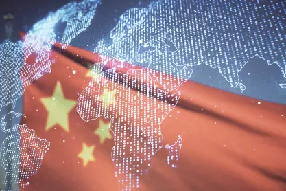 Digital graphic world map hologram on flag of China and blue sky background