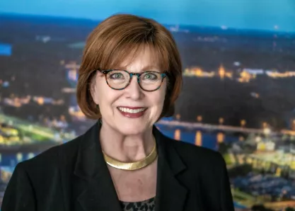Iowa pollster J. Ann Selzer with Des Moines in background 