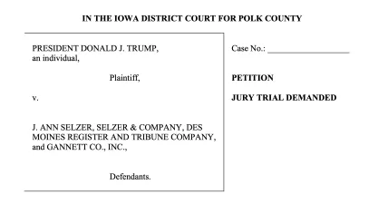 Screenshot of the front page of the Trump v. Selzer lawsuit
