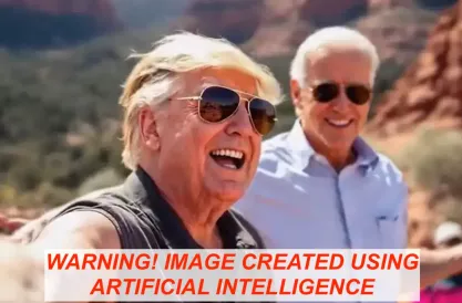 Donald Trump and Joe Biden wearing sunglasses and smiling in AI portrait