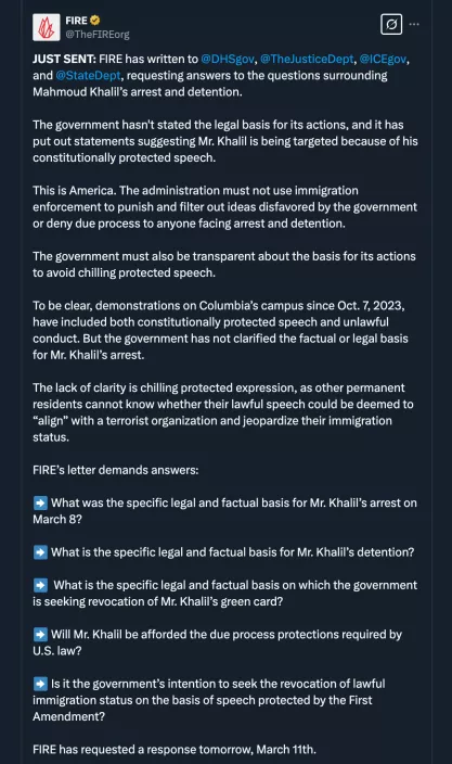 FIRE tweet about Trump DHS detention of Mahmoud Khalil posted on March 10, 2025 asking for more information