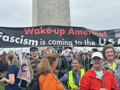 Protestors at "Hands Off" rally in Washington DC on April 5, 2025