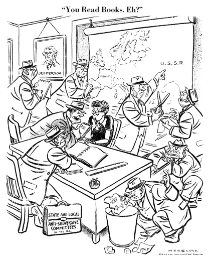 Newspaper cartoon depicting federal agents ransacking a professor's office at a university with the caption, "You read books, eh?"