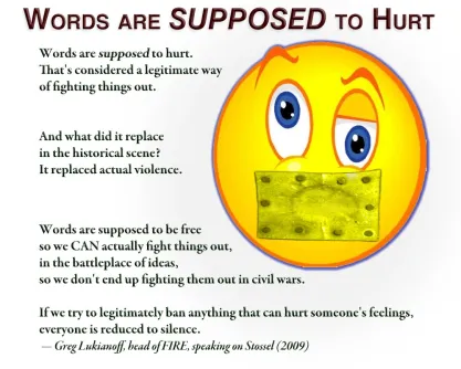 Graphic with a beat-up yellow face emoji below the phrase: "Words are SUPPOSED to Hurt"