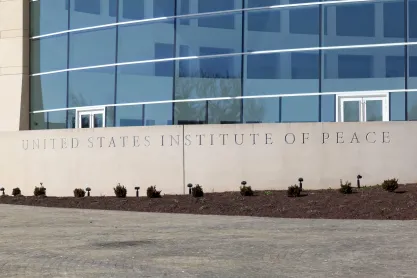 The United States Institute of Peace sign in Washington, DC, an American federal institution tasked with promoting conflict resolution and prevention worldwide