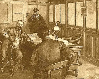 Berkman's attempt to assassinate Frick, as illustrated by W. P. Snyder for Harpers Weekly in 1892 