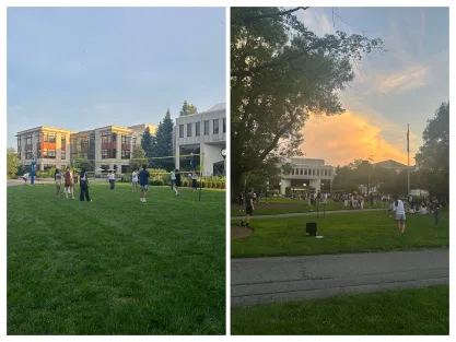 Attendees of FIRE's Free Speech Forum enjoying volleyball and lawn games on the quad at American University