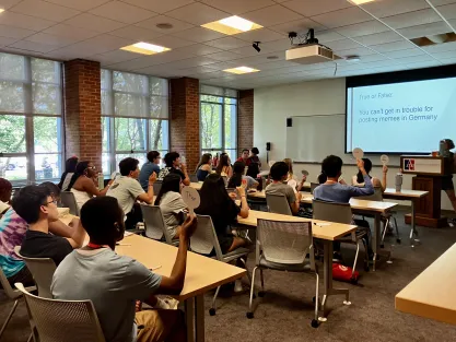 Students attending FIRE's 2025 Free Speech Forum in a classroom on the American University campus in Washington, DC
