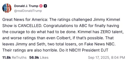 Donald Trump post on Truth Social celebrating the cancellation of Jimmy Kimmel's show