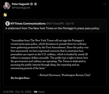 Hegseth waves goodbye to NYT on X