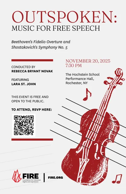 University of Rochester concert advertisement titled "Outspoken: Music for Free Speech"