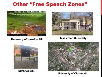 Images of free speech zones at Texas Tech Blinn and other colleges.