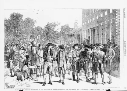 Lithograph depicting the reading of the Declaration of Independence in Philadelphia in 1776, with a large group of people gathered before the steps of Independence Hall.
