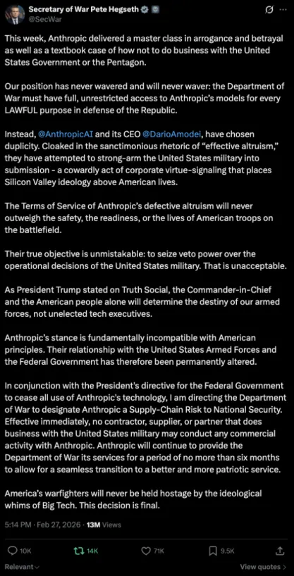 Hegseth post on X re Anthropic