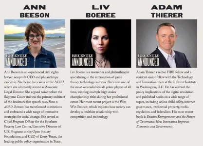 Soapbox Conference speakers showing Ann Beeson, Liv Boeree, and Adam Thierer