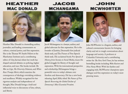 Soapbox Conference speakers showing Heather MacDonald, Jacob Mchangama, and John McWhorter