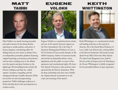 Soapbox Conference speakers showing Matt Taibbi, Eugene Volokh, and Keith Whittington