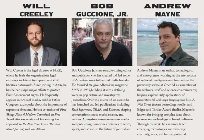 Soapbox Conference speakers showing Will Creeley, Bob Guccione Jr, and Andrew Mayne