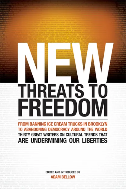 Cover of the book "New Threats to Freedom" with the title above a background showing the page of a book.