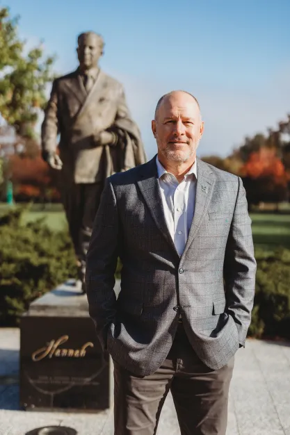 FIRE plaintiff Michael Balow standing on the MSU campus