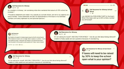 Collage of tweets by FIRE client Gail Nazarene with one reading: "I am ASKING this FOR MYSELF NOT for the board. What if the taxes went up to 20% is that a number you will [accept]?"