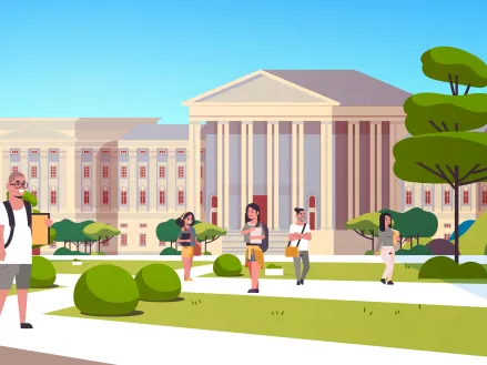 young mix race students group at campus yard education concept college friends relaxing and walking in front of university building exterior horizontal full length