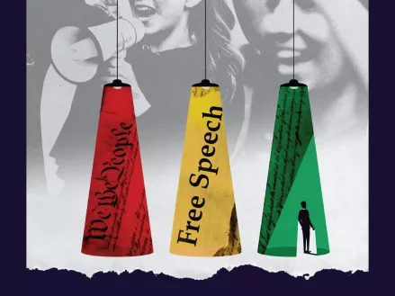 Red yellow and green lamps wrapped in the first amendment