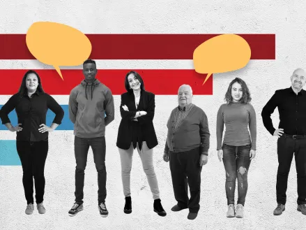 People standing in a line with speech bubbles above their heads