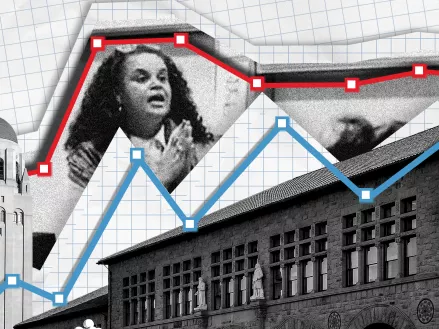Black and white photo of the Stanford campus with a pie chart indicating polling or data