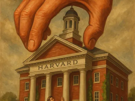 Giant hand reaches for Harvard Hall