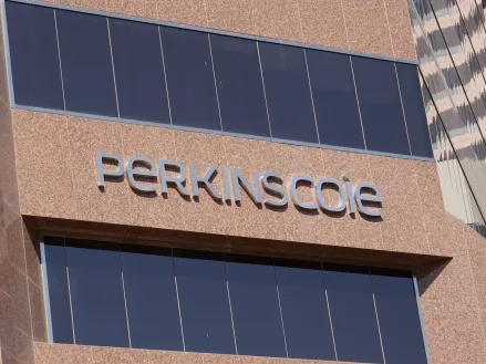 Perkins Coie LLP sign on building exterior of international law firm