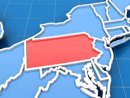 3d render of USA map with Pennsylvania state highlighted in red