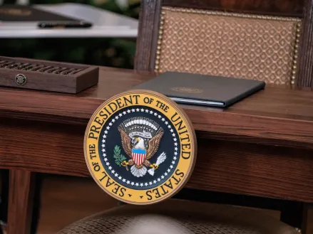 Desk with the official seal of the president of the united states