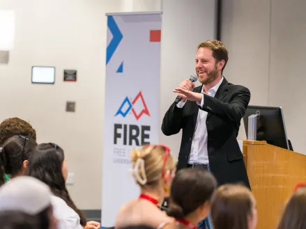FIRE Legal Director Will Creeley speaking at the 2024 Free Speech Leadership Summit