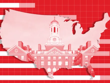 Illustration of the continental U.S. with a college building overlaid and bar graphs in the background, indicating this is a report.