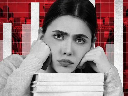 Black white and red graphic with a college student in the foreground with bar graphs in the background