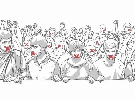 Illustration of crowd protesting with red tape on their mouths