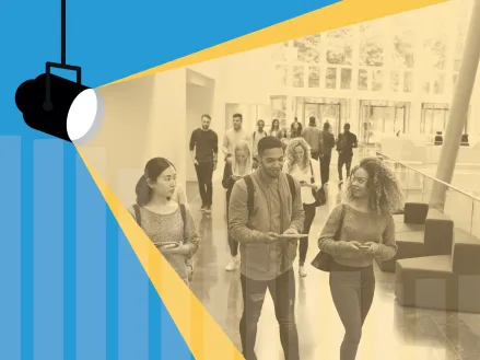Stylized news graphic showing students walking on campus with a large illustrated spotlight illuminating them