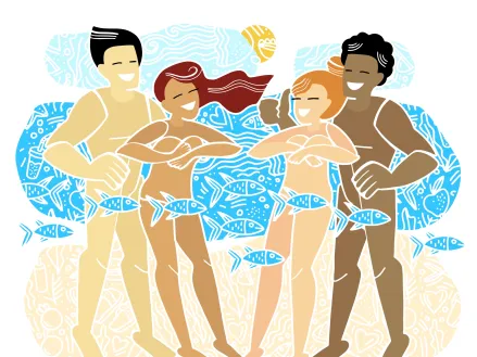Nudism party nude people relax on a nudist beach illustration