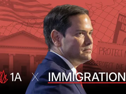 Trump administration Secretary of State Marco Rubio against red-tinted background images of a courthouse, the U.S. flag, and a poster containing the image of student Rümeysa Öztürk below the words, "Kidnapped by ICE"