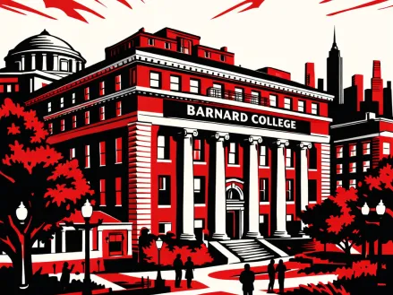 Illustration in red, white, and black of the Barnard College campus.