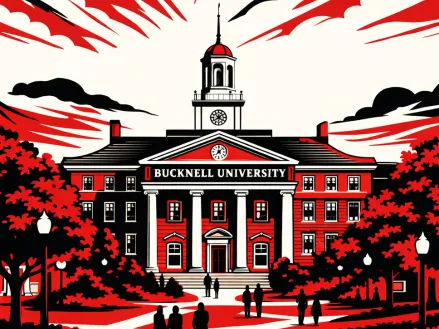 Illustration in red, white, and black of the Bucknell University campus.