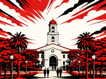 Illustration in red, white, and black of the Claremont McKenna campus.