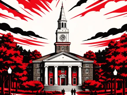 Illustration in red, white, and black of the Colgate University campus.